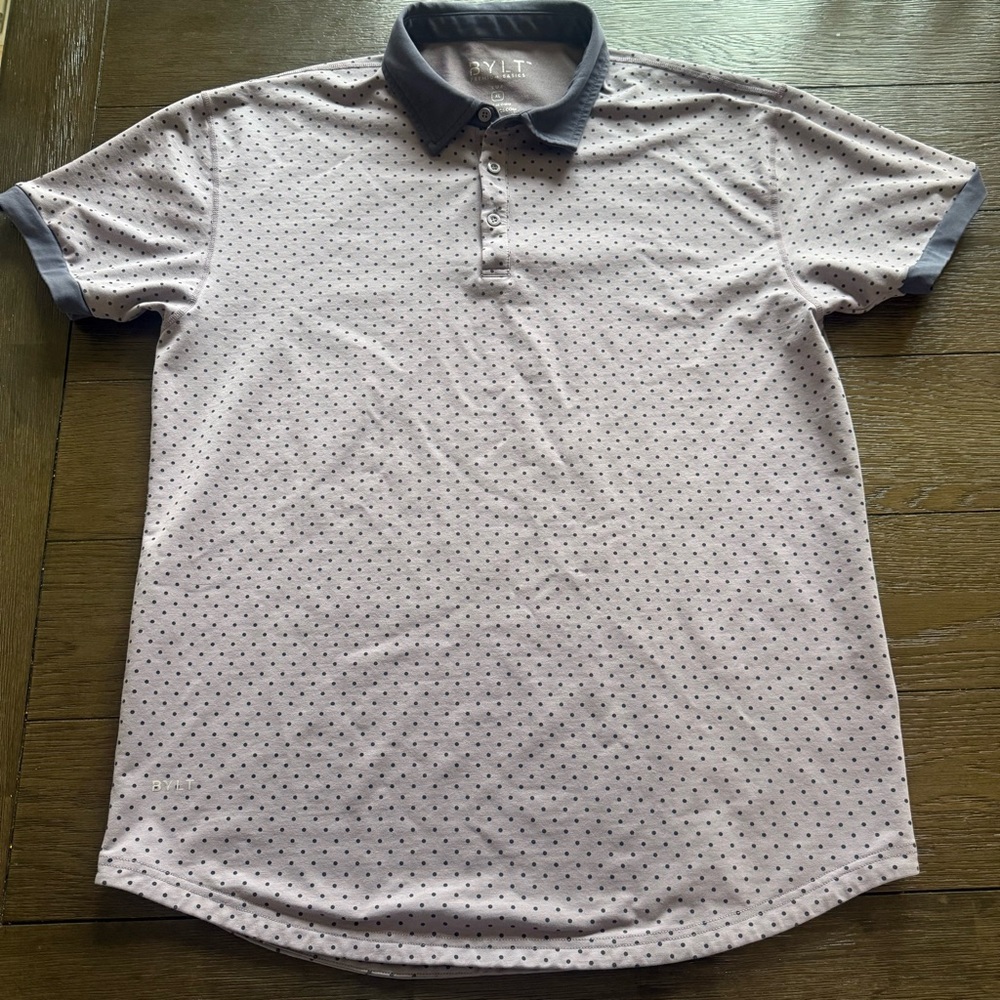 BYLT Polo Shirt Mens Size XL Gray Polka Dot Golf  Short Sleeve Lavender Gray